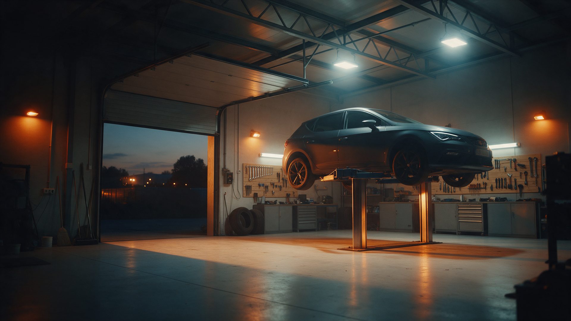 A car raised on a lift inside a garage workshop at dusk